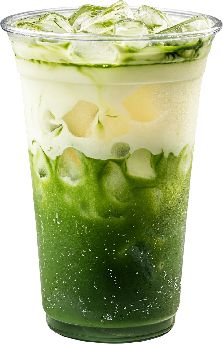 An iced matcha latte in a clear Chaiomi cup